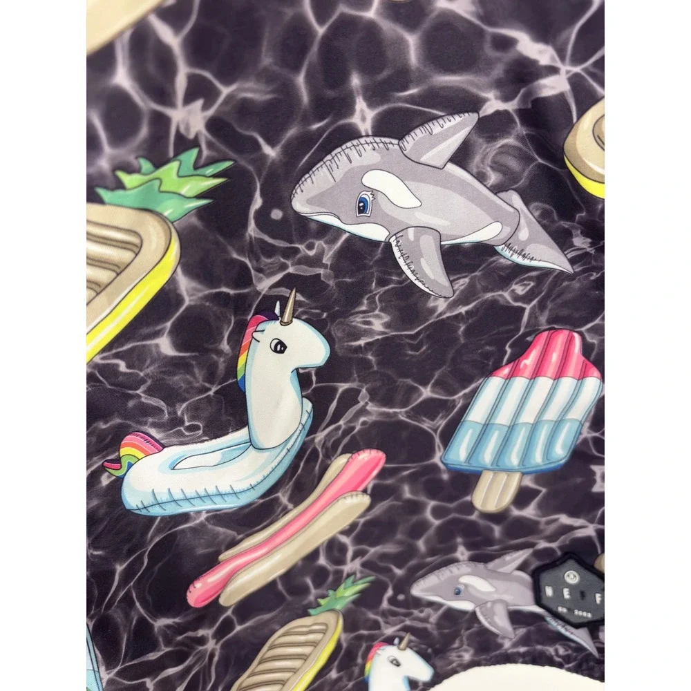 Neff Kitschy Pool Float Swim Trunks Mens Medium Black Unicorn Shark Party Animal